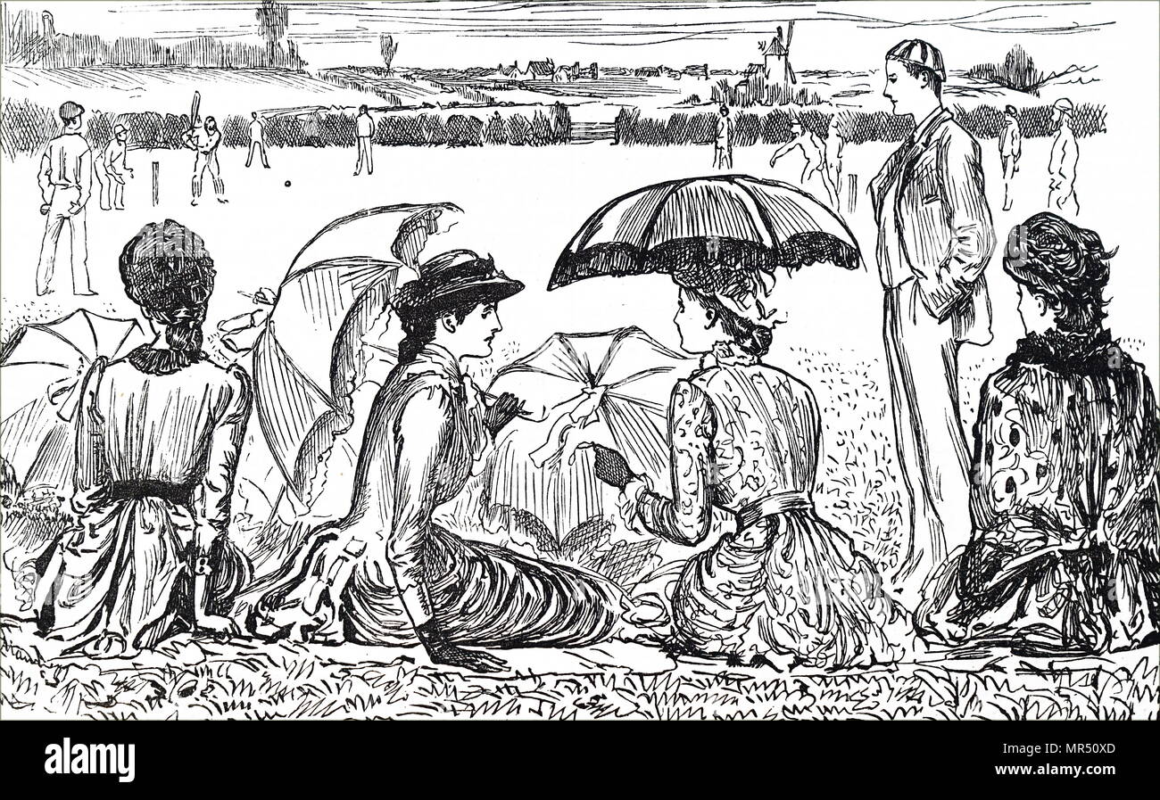 Cartoon, Frauen, die gerade ein Spiel des Krickets. Vom 19. Jahrhundert Stockfoto