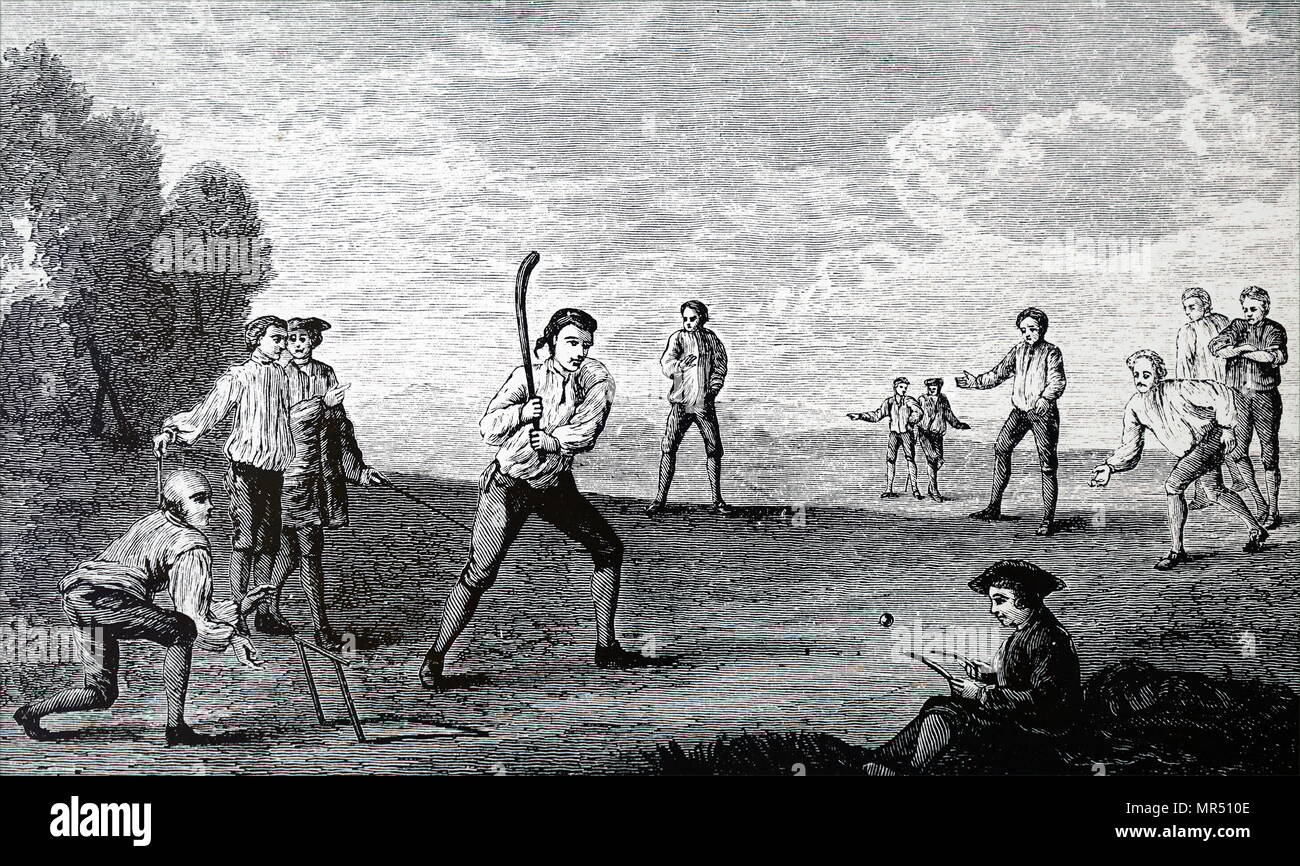 Kupferstich mit der Darstellung der Royal Academy Club spielen Kricket in Marylebone Felder. Original von Francis Hayman (1708-1776) ein englischer Maler und Illustrator, der zu einem der Gründungsmitglieder der Royal Academy. Vom 19. Jahrhundert Stockfoto