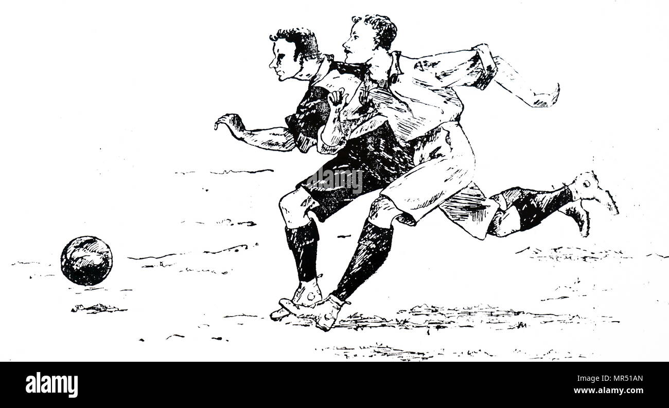 Cartoon, junge Männer Fußball spielen. Vom 19. Jahrhundert Stockfoto