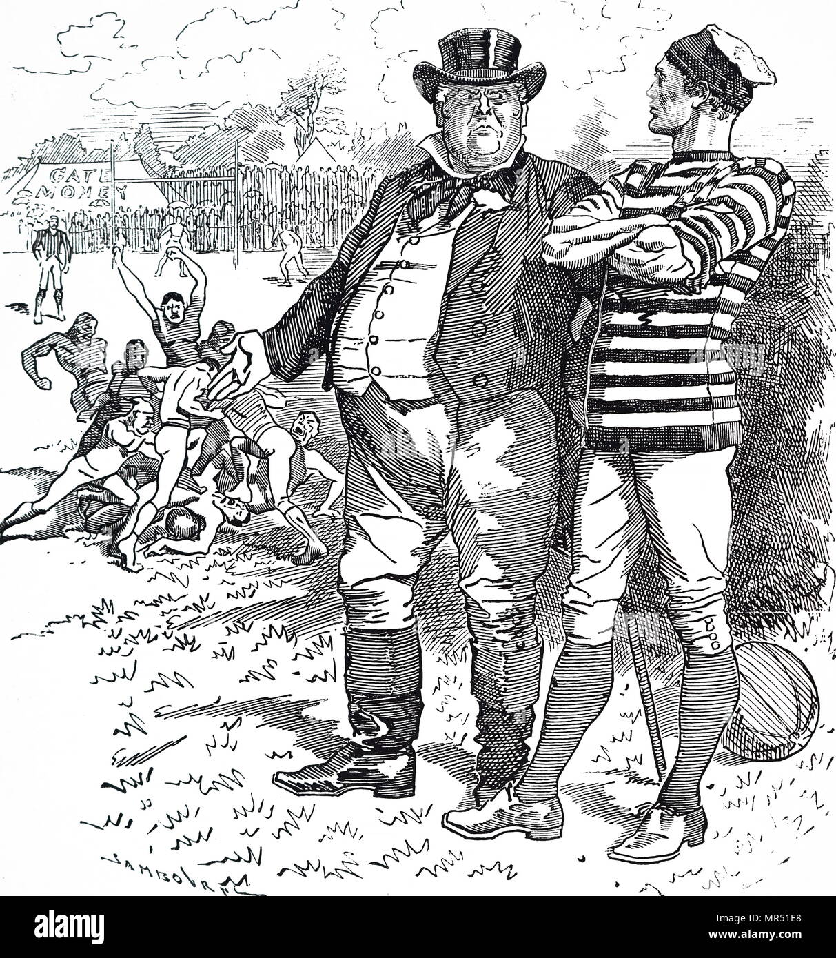 Cartoon, John Bull die Rugby Football Association mahnend für die Rauheit Ihres Spiels. John Bull ist eine Nationale Personifikation des Vereinigten Königreichs im Allgemeinen und Deutschland im Besonderen, vor allem in politischen Karikaturen und ähnliche graphische Werke. Vom 19. Jahrhundert Stockfoto