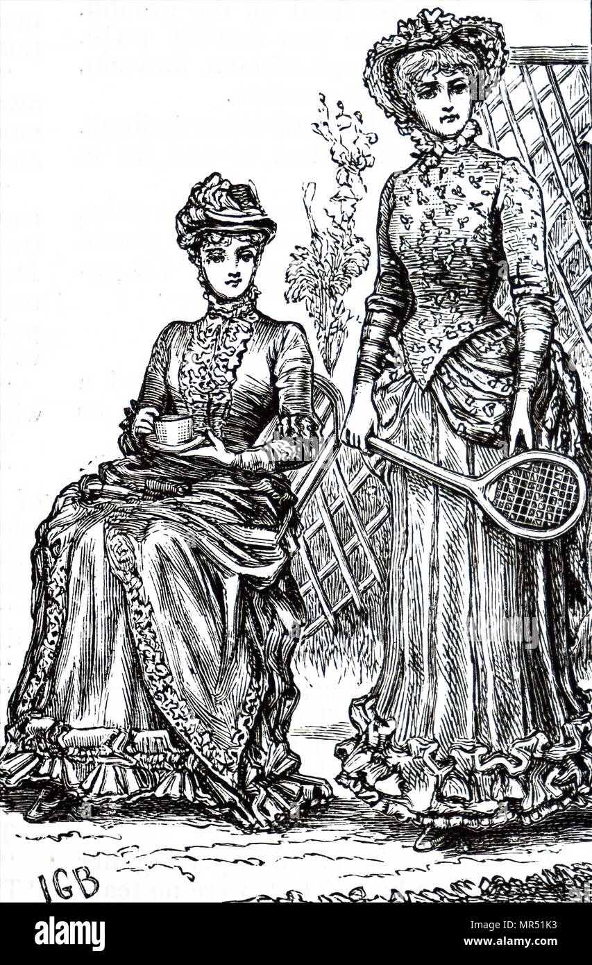 Abbildung: Darstellung der Jungen Damen warten auf das Spiel des Lawn Tennis zu beginnen. Vom 19. Jahrhundert Stockfoto