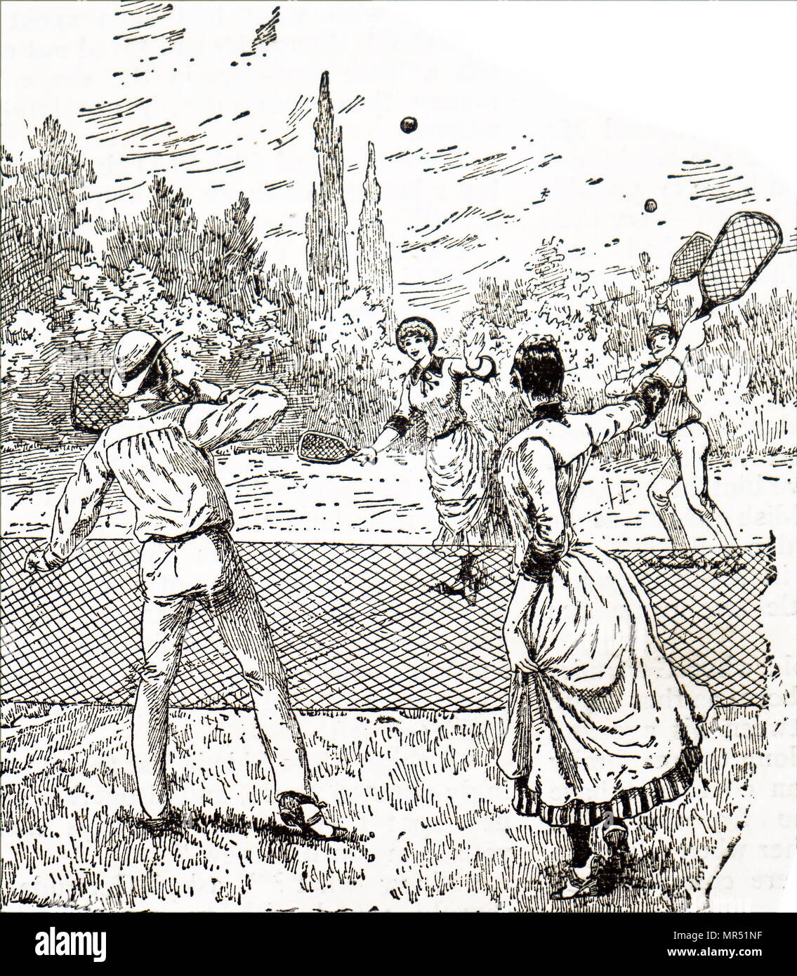 Abbildung zeigt ein Spiel der gemischten Doppel Lawn Tennis. Vom 19. Jahrhundert Stockfoto