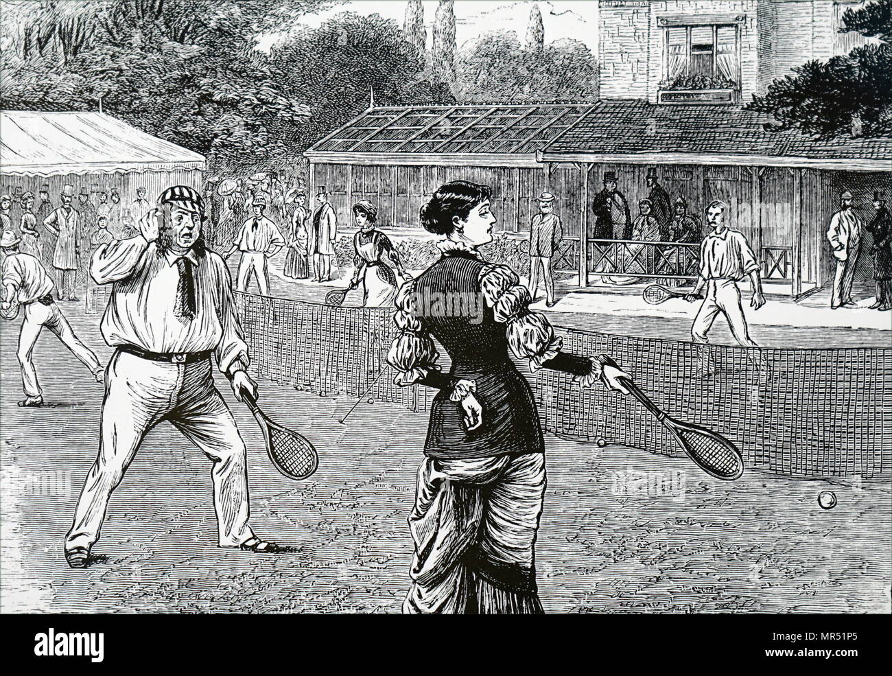 Abbildung zeigt ein Spiel der gemischten Doppel Lawn Tennis. Vom 19. Jahrhundert Stockfoto