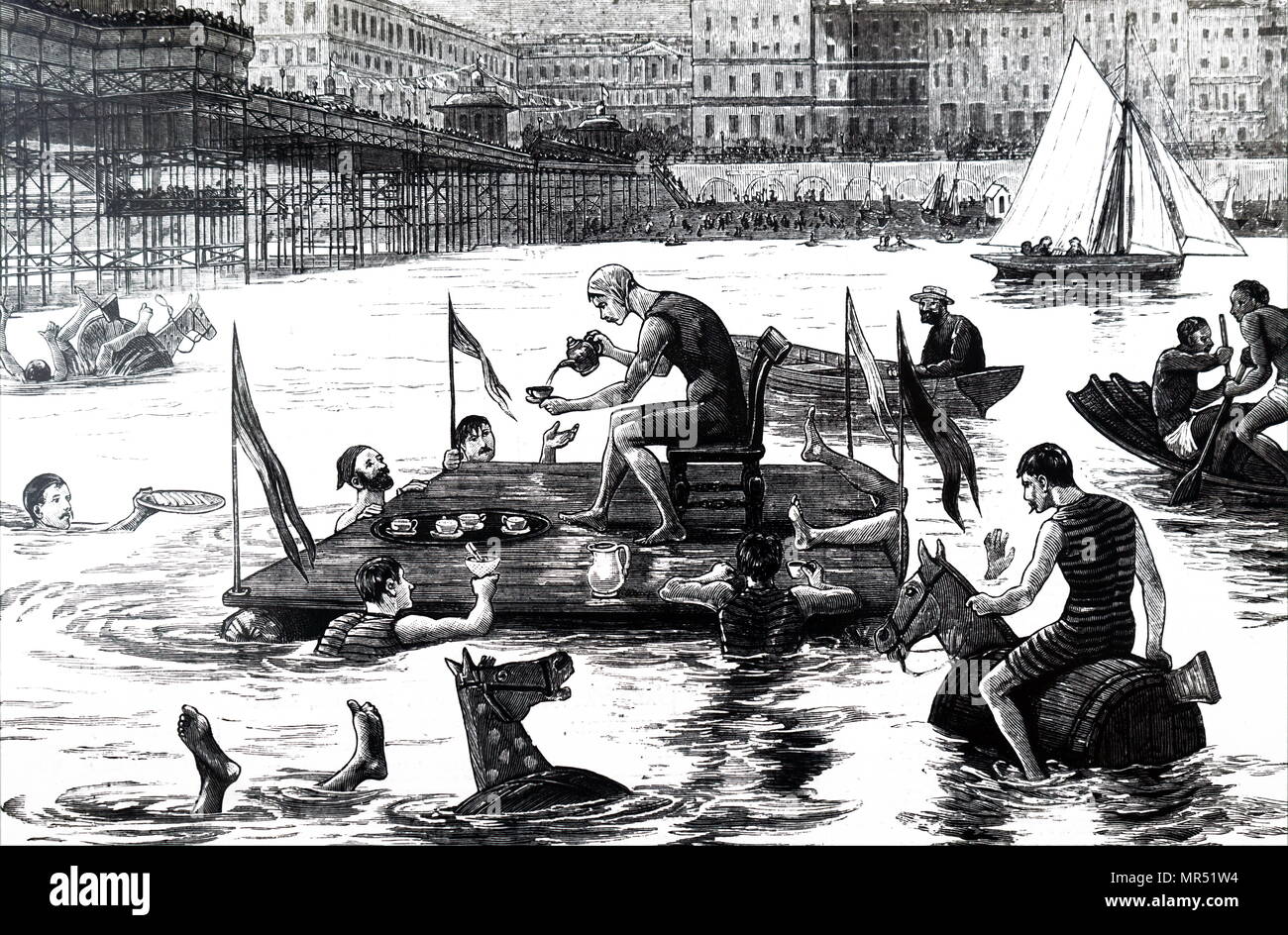 Abbildung zeigt eine aquatische Tea Party in der Nähe von Brighton Pier. Vom 19. Jahrhundert Stockfoto