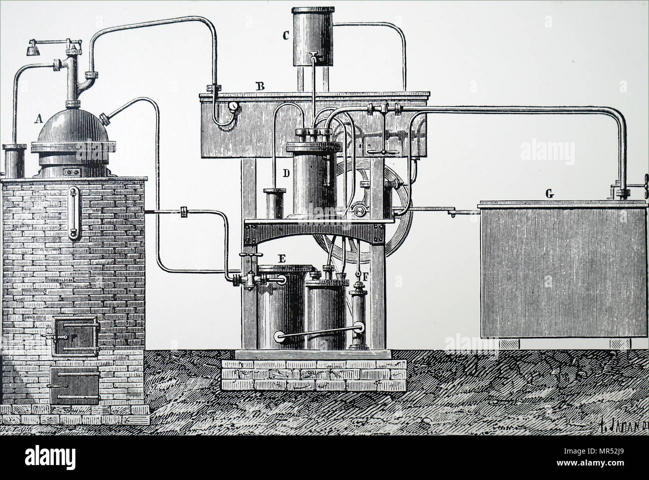 Abbildung: Darstellung von Edmond's Carré Apparate für die großtechnische Produktion von Eis. Vom 19. Jahrhundert Stockfoto