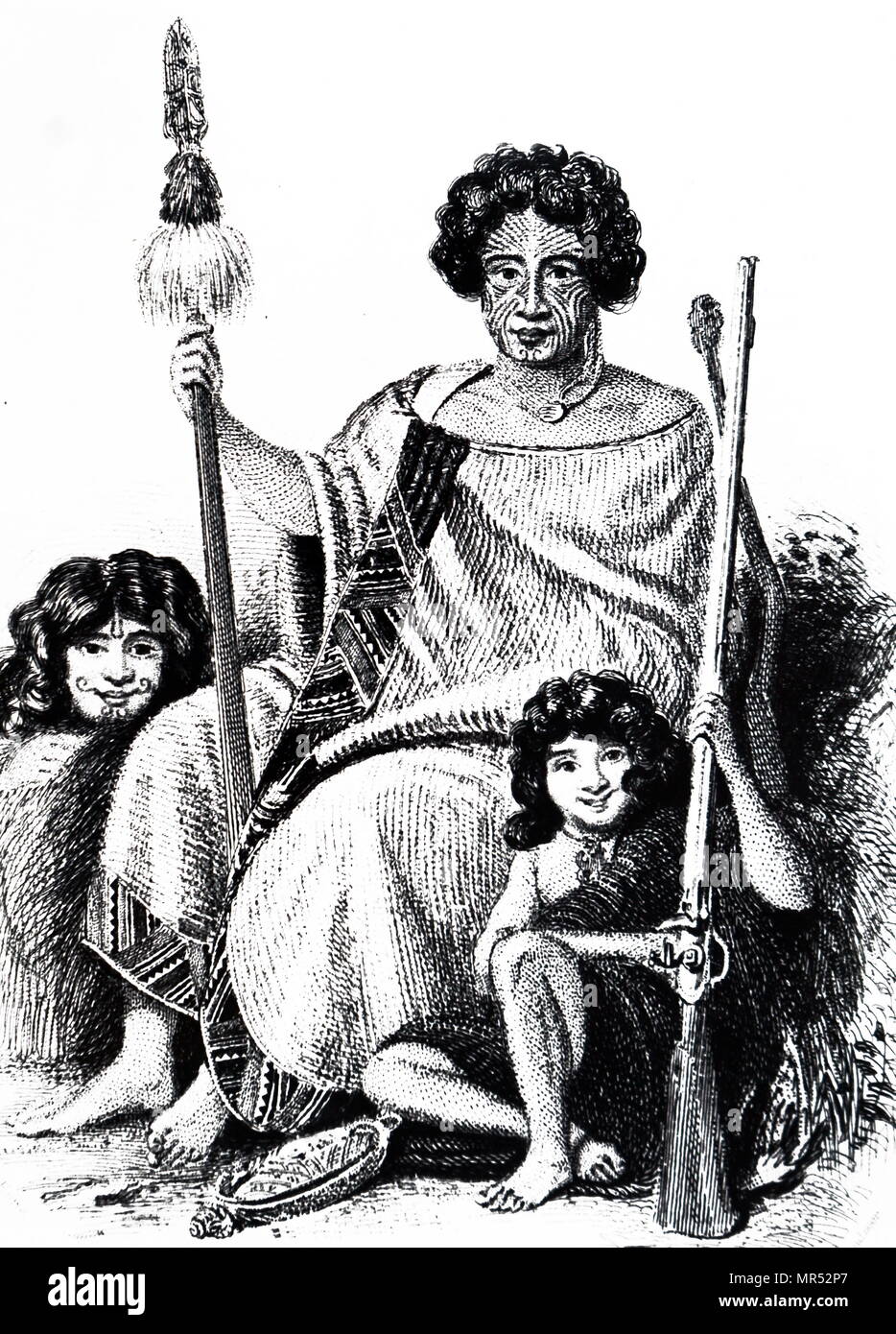 Kupferstich mit der Darstellung eines Maori Häuptling. Vom 19. Jahrhundert Stockfoto