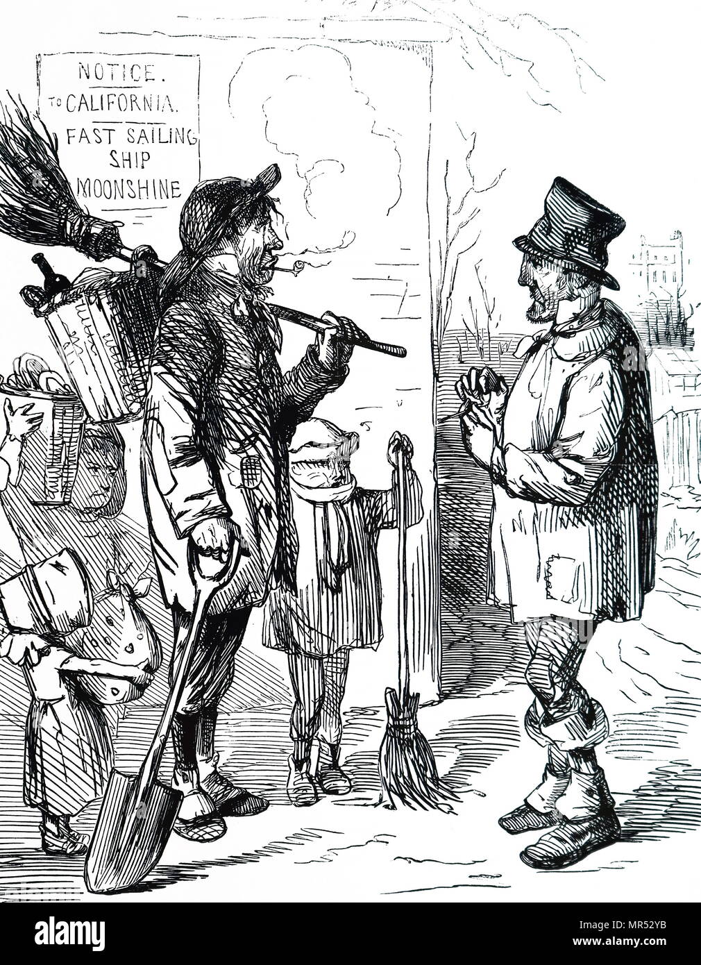Cartoon kommentierte die California Gold Rush: Zu diesem Zeitpunkt städtische Müll zu Staub yards gesichtet und sortiert werden. Alles, was verwertet werden könnte, wurde verkauft, bevor die nutzlose rückstandslos entleert wurde. Vom 19. Jahrhundert Stockfoto