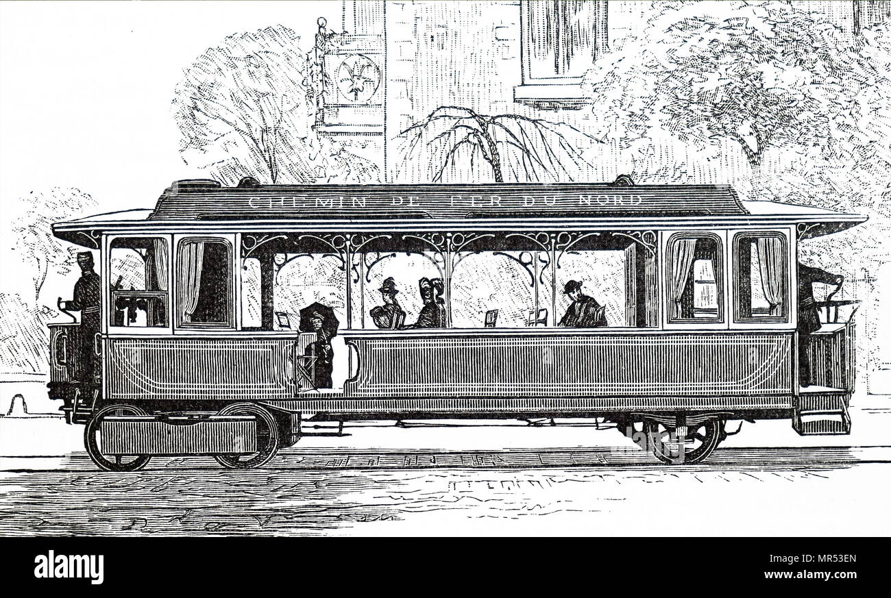 Abbildung: Darstellung einer Dampf Tram. Vom 19. Jahrhundert Stockfoto