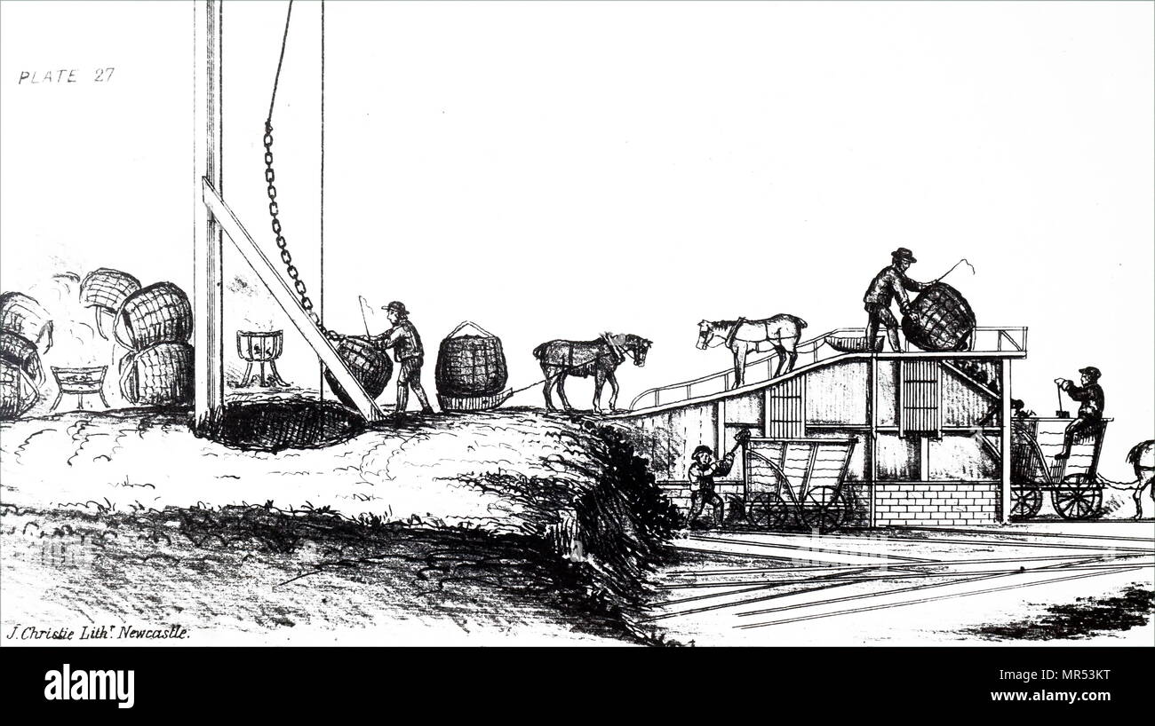Abbildung: Darstellung einer Grube Kopf Szene in der Nähe von Newcastle in den späten achtzehnten Jahrhundert, deckt der Kohle von Pony und Schlitten von der Oberseite der Welle gezogen wird und in den Wagen, der von Pferden gezogenen Straßenbahn. Vom 19. Jahrhundert Stockfoto