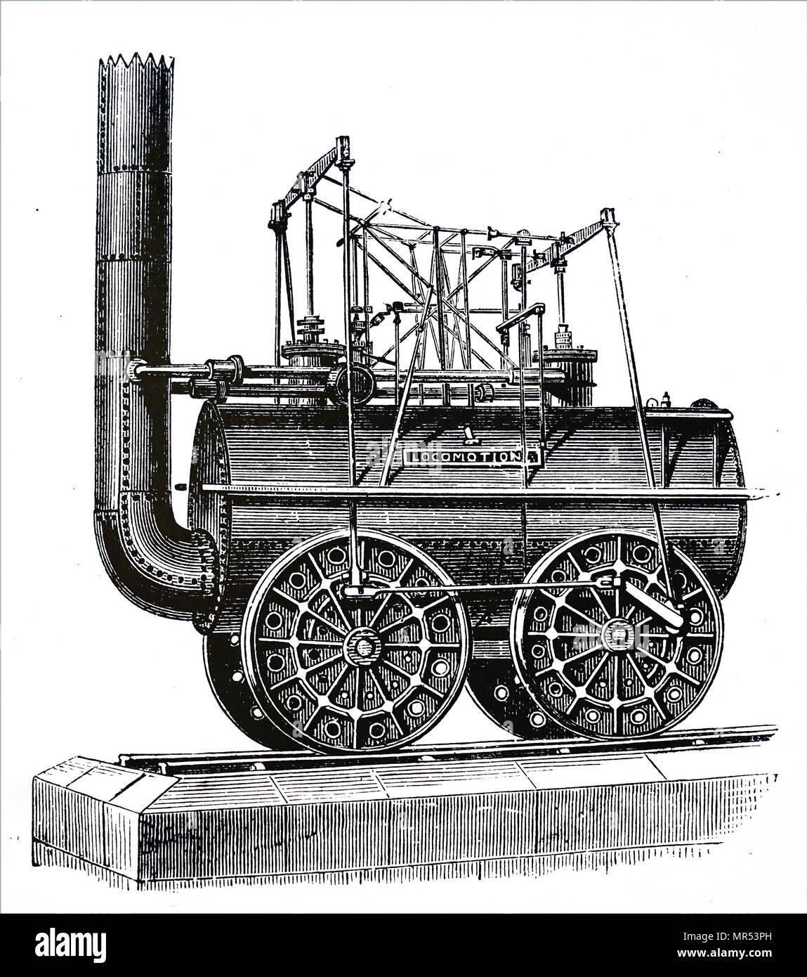 Gravur mit einem Motor Lok ich von George Stephenson gebaut. George Stephenson (1781-1848) ein englischer Ingenieur und Maschinenbauer. Vom 19. Jahrhundert Stockfoto