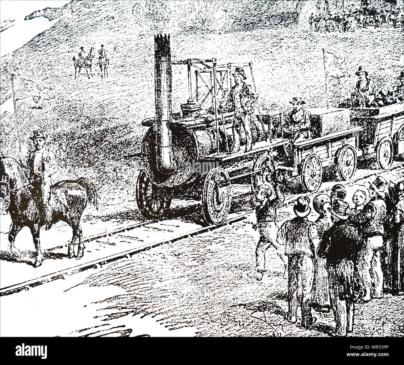 Gravur mit einem Motor Lok ich von George Stephenson gebaut. George Stephenson (1781-1848) ein englischer Ingenieur und Maschinenbauer. Vom 19. Jahrhundert Stockfoto