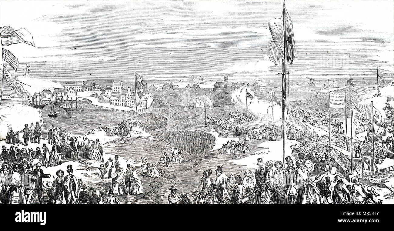 Menschenmassen beobachten Sie den Graben der ersten Rasen der Ballymena zu Portrush Eisenbahn, Irland, 1853. Stockfoto