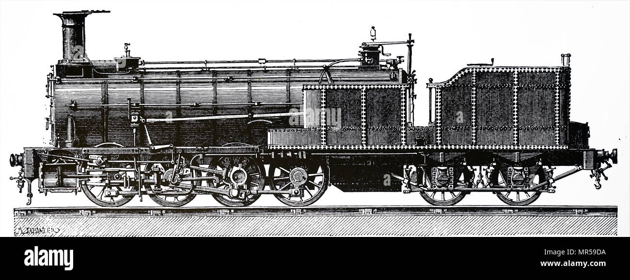 Gravur, das eine Engerth waren Lokomotive für das Schleppen schwerer Güter mit langsamer Geschwindigkeit. Vom 19. Jahrhundert Stockfoto