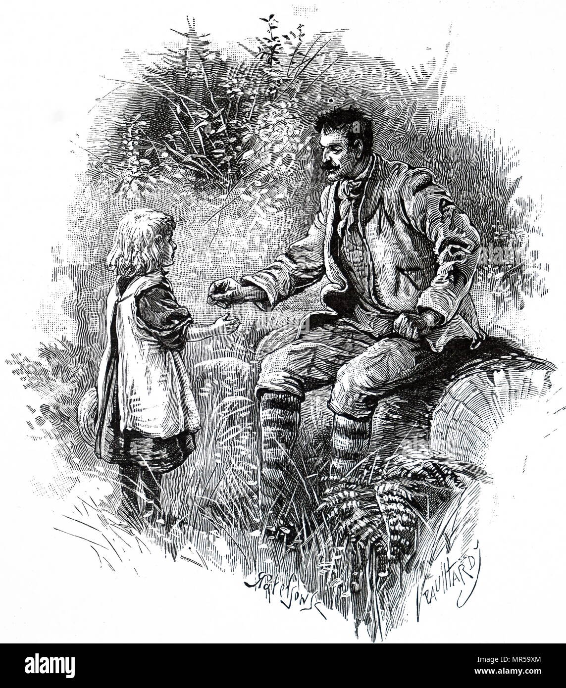 Gravur mit einem entflohenen Sträfling Bestechung ein Kind ihm Essen im Geheimen zu bringen. Vom 19. Jahrhundert Stockfoto