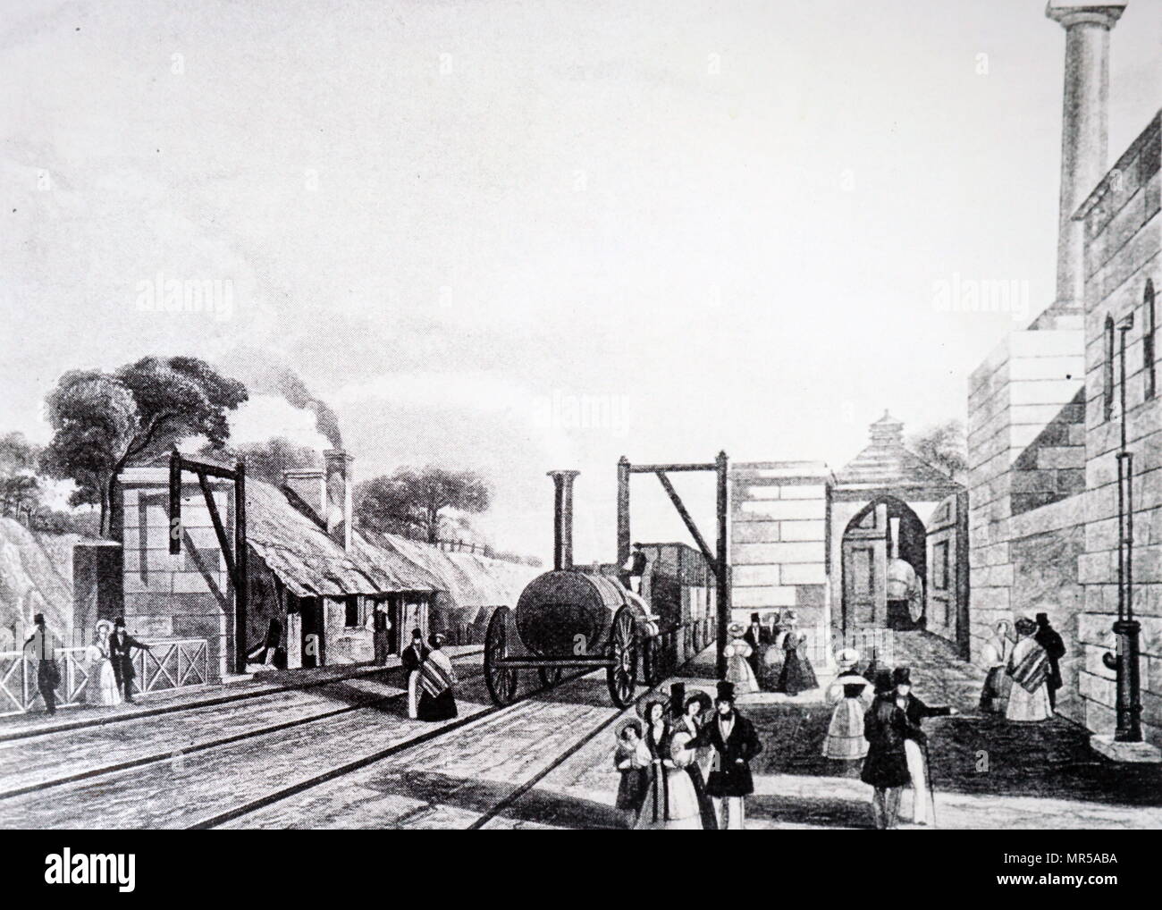 Kupferstich mit der Darstellung der Bau der Liverpool-Manchester Railway Line. Vom 19. Jahrhundert Stockfoto