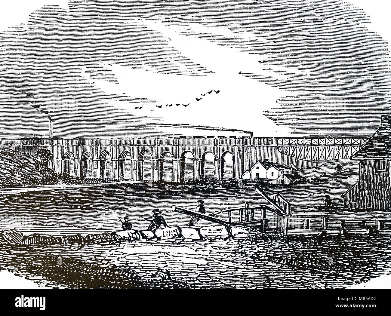 Kupferstich mit der Darstellung der sankey Viadukt auf der Liverpool-Manchester Eisenbahn. Im Vordergrund ist ein Schloss an der Sankey Kanal. Vom 19. Jahrhundert Stockfoto