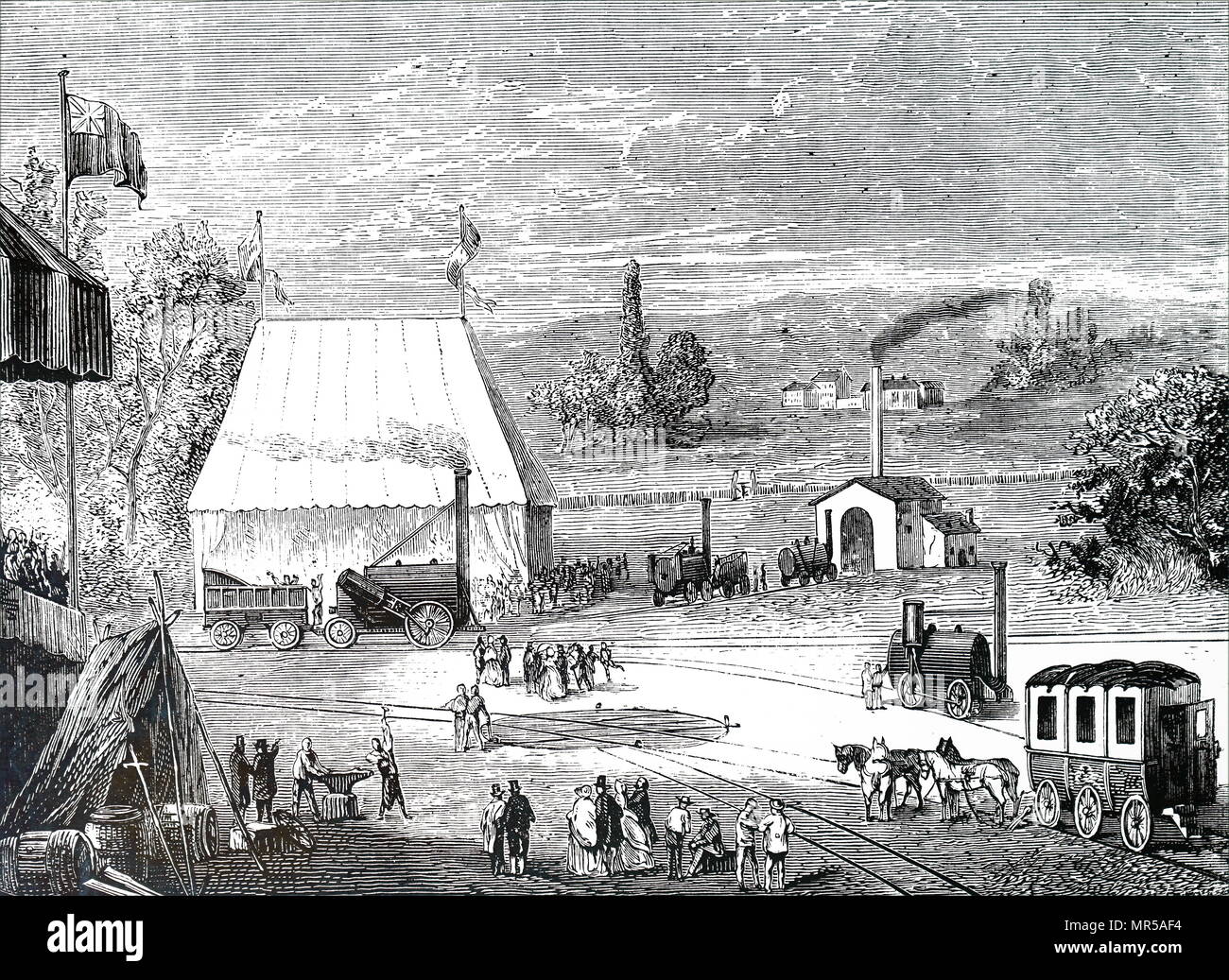 Kupferstich mit der Darstellung der rainhill Studien, in denen fünf Lokomotiven konkurrierten um den Vertrag für die Liverpool-Manchester Eisenbahn: Der Sieger Robert Stephenson's war Lok 'Rocket'. Robert Stephenson (1803-1859) einen frühen Eisenbahn- und Bauingenieur. Vom 19. Jahrhundert Stockfoto