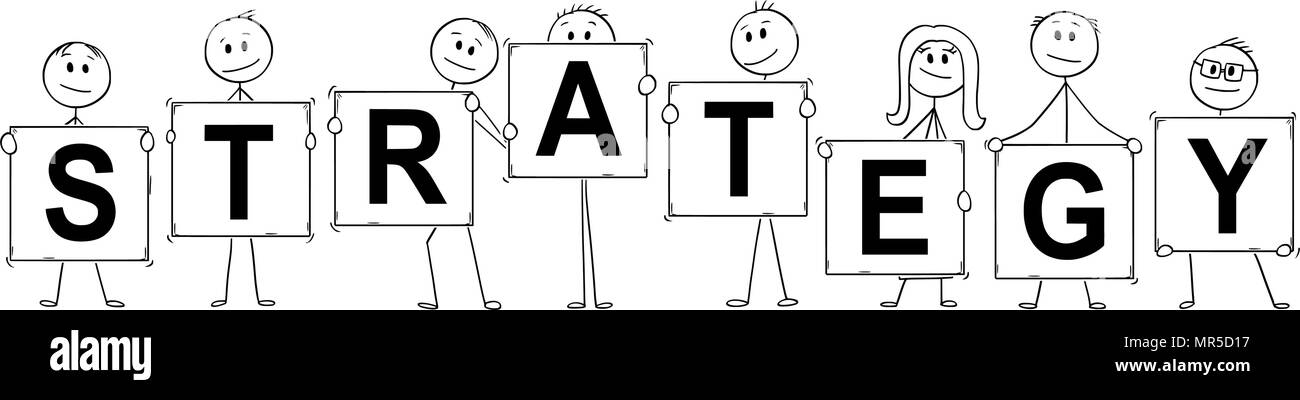 Cartoon der Unternehmer und Unternehmerinnen halten Schilder mit Strategie Text Stock Vektor