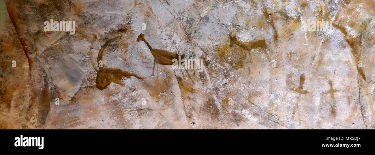 Replica Malerei aus der Höhle von Altamira (Cueva de Altamir) in der Nähe der historischen Stadt Santillana del Mar in Kantabrien, Spanien gelegen, ist für seine zahlreichen parietalen Höhlenmalereien mit kohlezeichnungen und polychrome Gemälde zeitgenössischer Flora und menschliche Hände, zwischen 18.500 und 14.000 Jahren während der jungpaläolithikum Erstellt von Paleo menschlichen Siedler bekannt. Die frühesten Bilder in der Höhle wurden rund 35.600 Jahren ausgeführt. Stockfoto