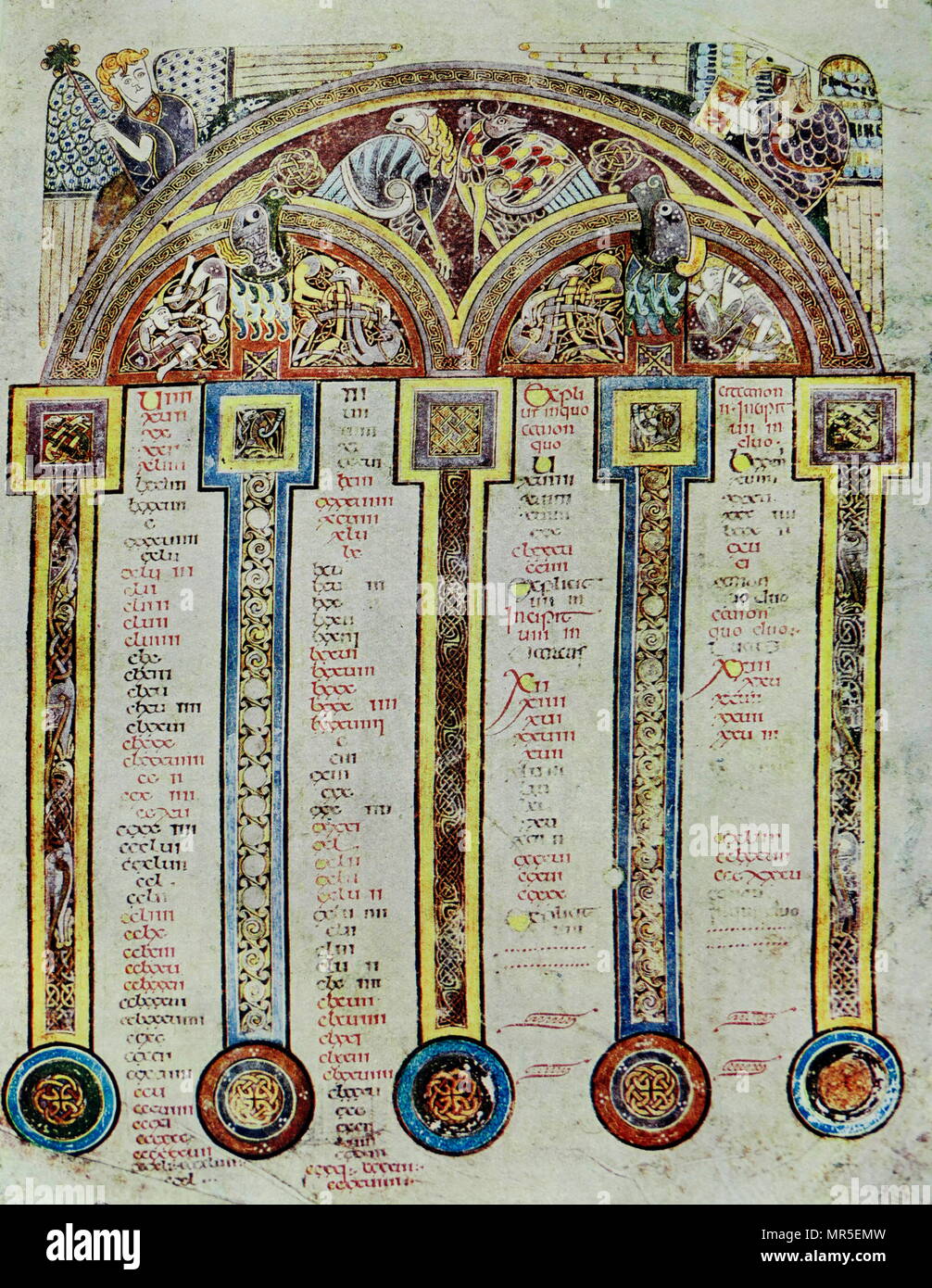 Eusabian Kanonen, Folio 5 R aus dem Buch von Kells. Im 4. Jahrhundert, Eusebius von Caesarea (263-339) eine Serie von zehn canon Tabellen die Harmonie des Evangeliums vom Kreuz zu demonstrieren - verweisen auf entsprechende Abschnitte in den Evangelien. In dem Buch von Kells, die canon Tabellen werden in aufwendigen architektonischen Strukturen gelegt, mit Säulen, die einen Bogen. Das Buch von Kells ist eine illuminierte Handschrift Evangelium Buch in Lateinamerika, die vier Evangelien des Neuen Testaments zusammen mit verschiedenen Vorbemerkung Texte und Tabellen. In einem kolumban Kloster in Irland erstellt, C. 800 AD. Stockfoto