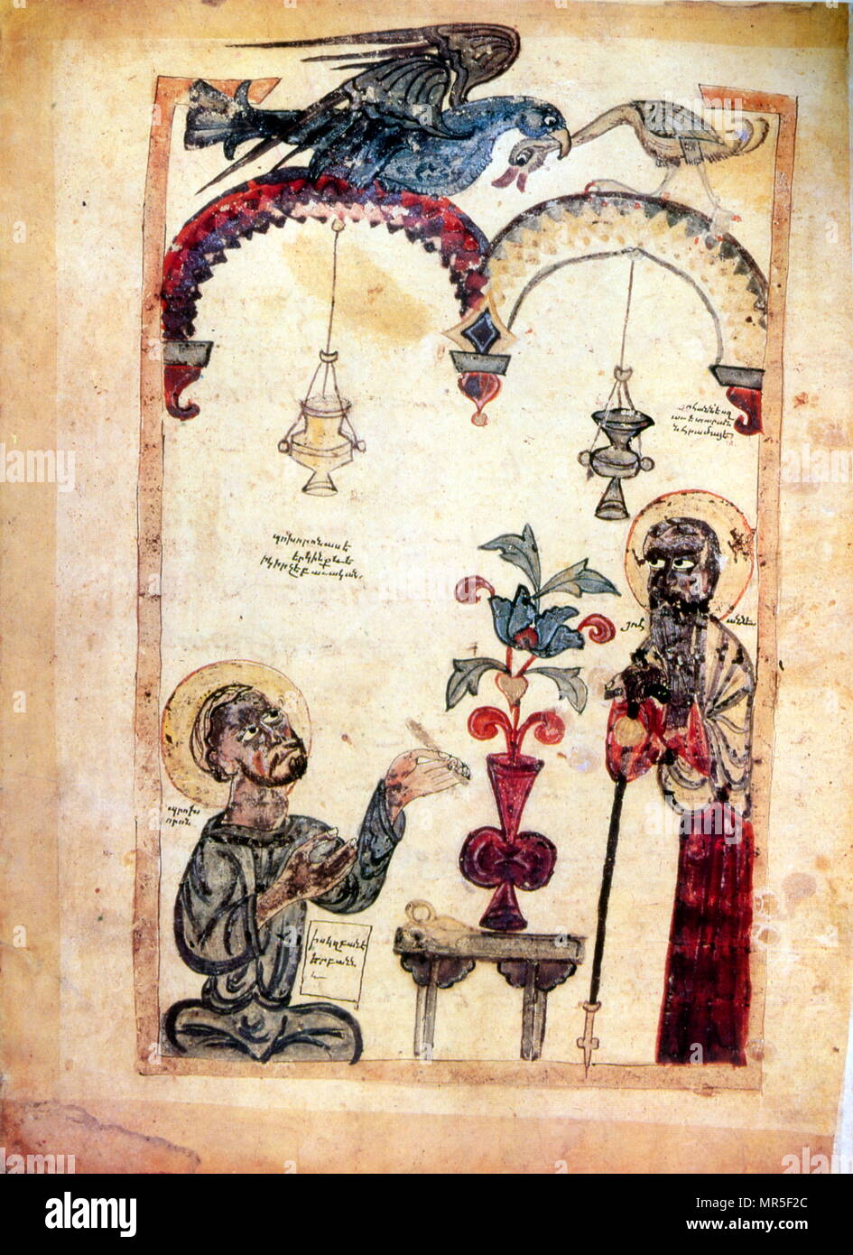 Armenisch-christlichen illustrierte Handschrift, Beleuchtung, John diktieren zu seinem Jünger Prochorus. Der Apostel Johannes (C. AD 6-100); war einer der Zwölf Apostel Jesu nach dem Neuen Testament. 13. jahrhundert Stockfoto