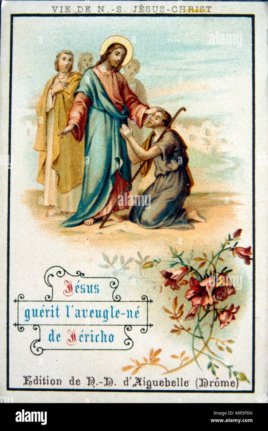 Französisch Weihnachten Karte zeigt Jesus Heilung der Blinden. 1900 Stockfoto