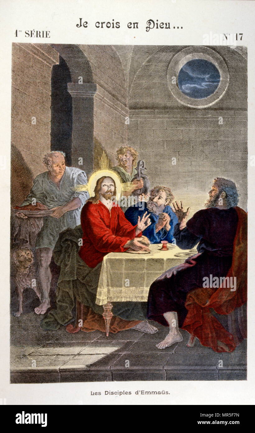 Abbildung aus dem "Großen Katechismus für Familien'. 1907., das Abendmahl in Emmaus. der Moment, wenn der Auferstandene aber inkognito, offenbart sich Jesus zwei Seiner Jünger (vermutlich Lukas zu und Kleopas werden); in der Stadt von Emmaus Stockfoto