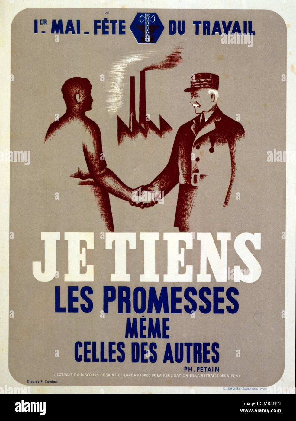 Propaganda Poster ausgestellt von Marschall Petain Vichy Französisch Führer für Mai Tag Arbeitnehmer Festival in Kriegszeiten Frankreich. Stockfoto