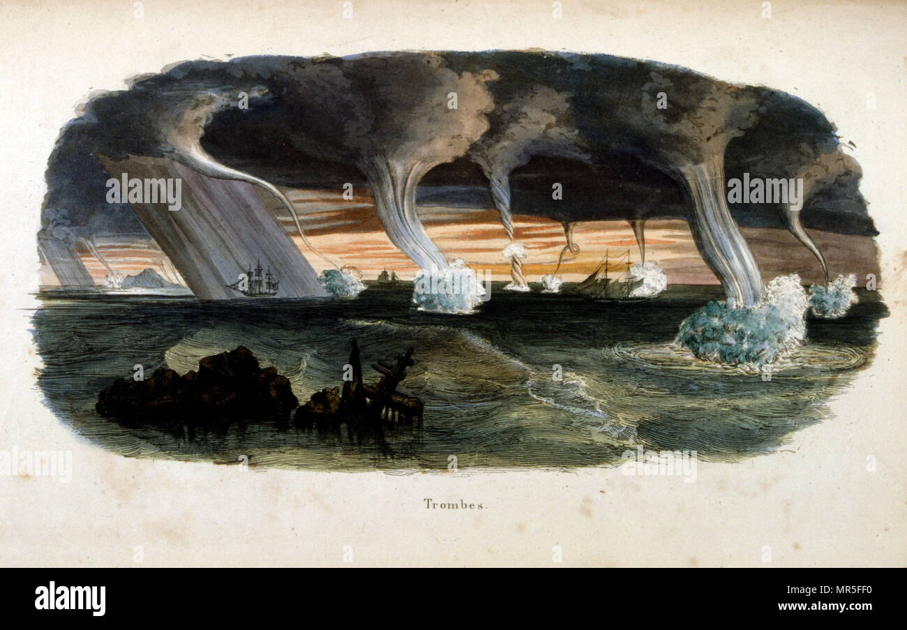 Französisch 19. Jahrhundert Abbildung: Eine Reihe von wasserhosen. 1833. Eine wasserhose ist eine intensive säulig Vortex (in der Regel erscheint als eine trichterförmige Wolke); das geschieht über ein Gewässer. Stockfoto