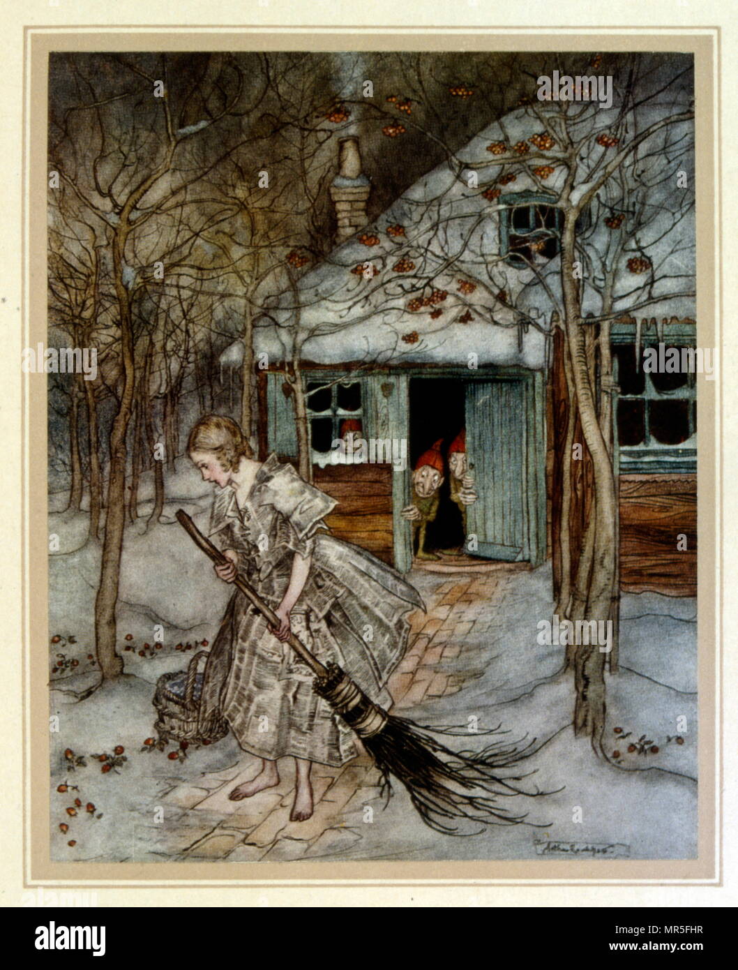 Abbildung: ein Mädchen ein Pfad, während Elfen aus der Hütte ansehen. Aus der Ausgabe 1922 des "Le Printemps sur la Neige" von Charles von Arthur Rackham Stockfoto