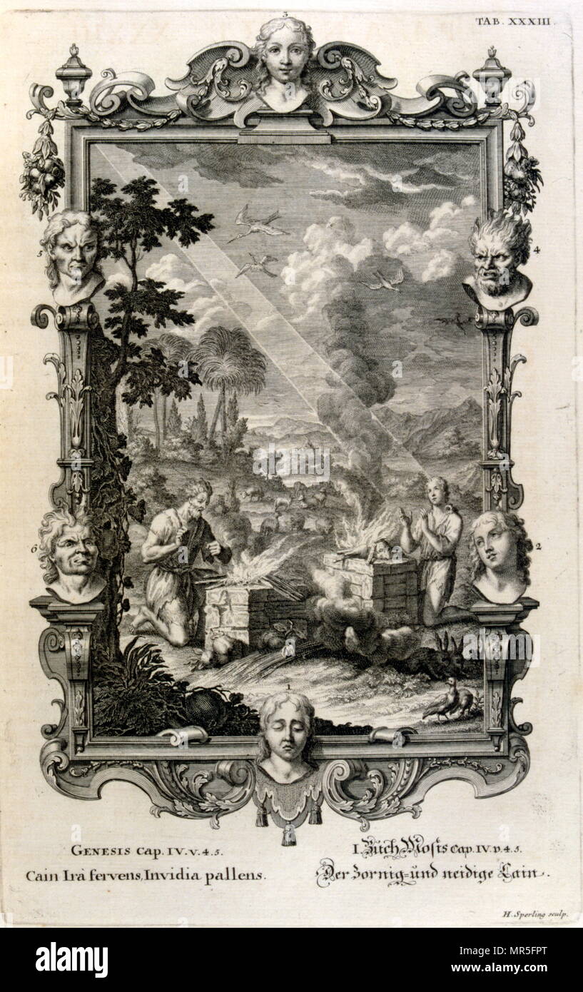 Kain und Abel Opfer zu Gott. In 'Körperbau sacrée Ill., ou histoire naturelle de la Bibel" 1732. Aus dem Lateinischen übersetzt von Jean Jacques Scheuchzer (1672-1733), Schweizer Gelehrter in Zürich geboren. Stiche von Jean André Pfeffel Stockfoto