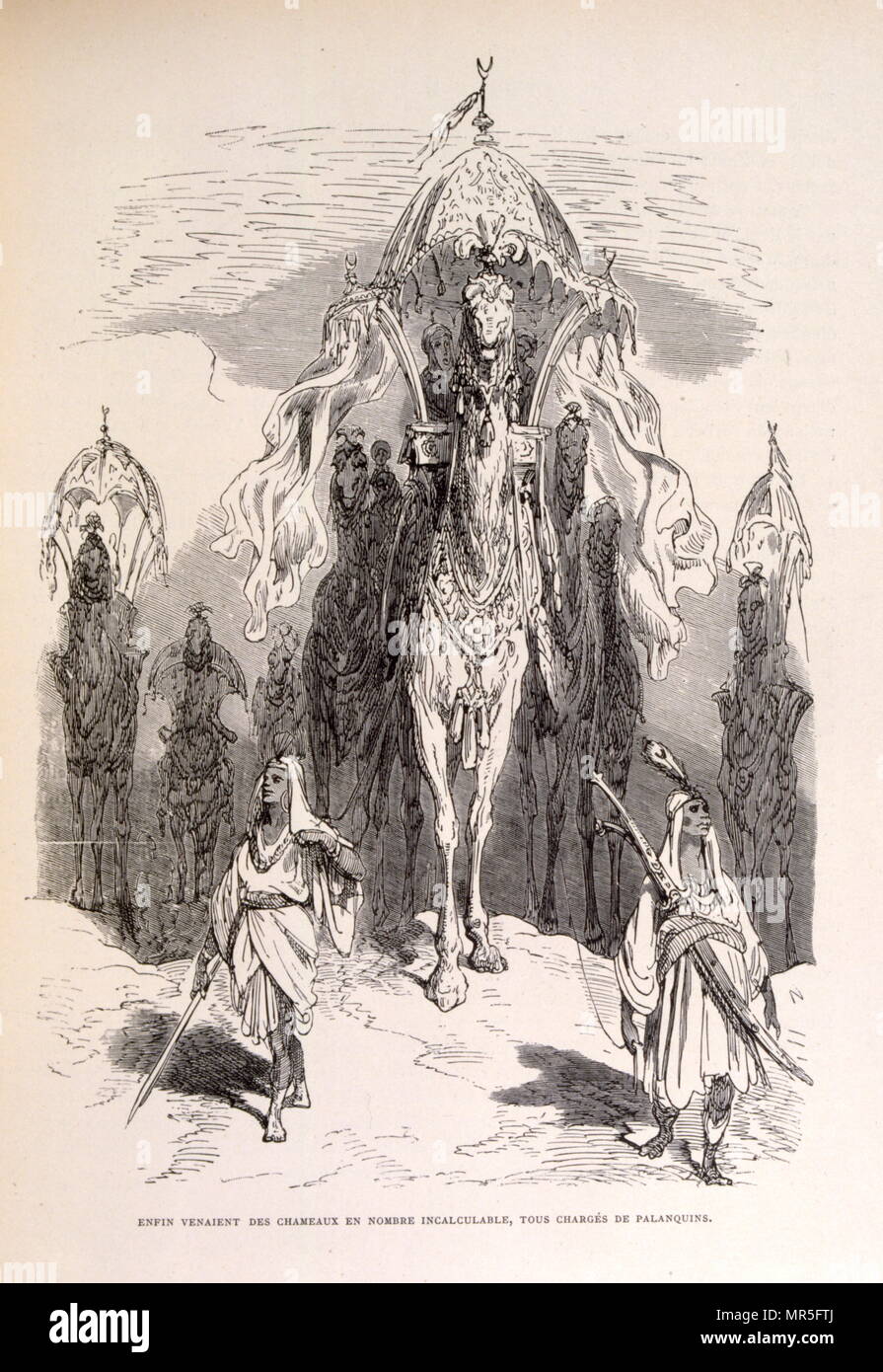 Abbildung: eine orientalische Kamel Zug mit Bediensteten und die Beförderung, das von La Legende de Croque-Mitaine; (1863); Gezeichnet von Gustave Dore 1832-1883. Das französische Äquivalent der Buhmann ist le Croque-Mitaine (die "fäustling - biter" oder eher "die Hand-cruncher". Feindbild ist eine Anspielung auf ein Fabelwesen in vielen Kulturen durch die erwachsenen Kinder in gutes Verhalten zu erschrecken. Roland ((gestorben 778); war ein fränkischer Heerführer unter Karl dem Großen, der zu einem der wichtigsten Figuren in der literarischen Zyklus bekannt als Angelegenheit von Frankreich. Stockfoto
