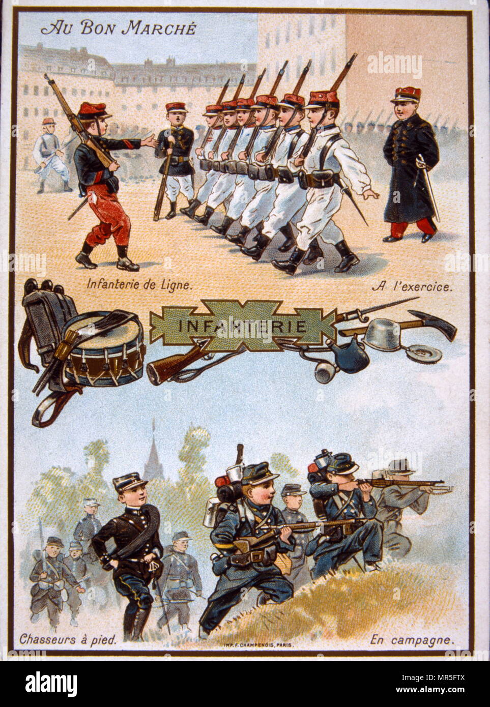 Chromolithograph zeigt eine Gruppe französischer Kadett Soldaten in der Ausbildung 1890 1900 Stockfoto