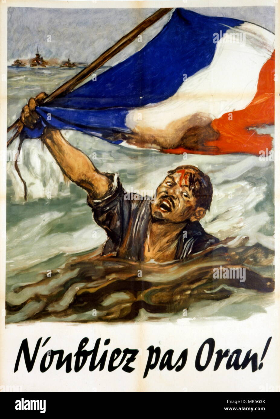 Französische Weltkrieg zwei Vichy Propaganda Poster' erinnern Oran' 1942. Nach der Operation Torch, der British-United States Invasion der französischen Nordafrika während der Nordafrikanischen Kampagne der Zweite Weltkrieg, der am 8. November 1942 gestartet Veröffentlicht. Stockfoto
