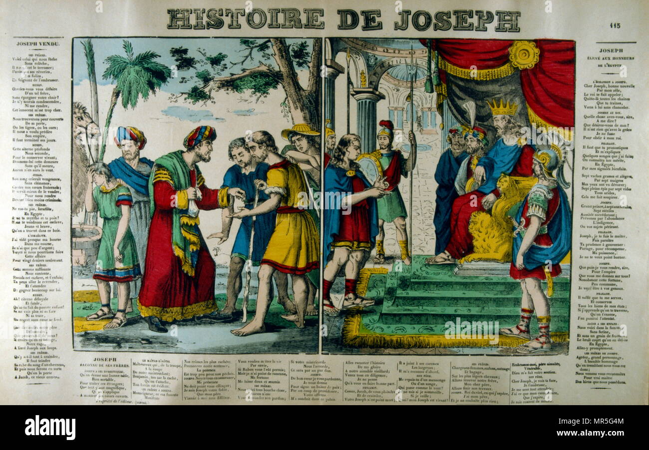 Französisch 19 Illustrationen, die den Verkauf von Joseph in die Sklaverei in Ägypten. Er ist auch die Interpretation der Träume der ägyptische Pharao. Stockfoto