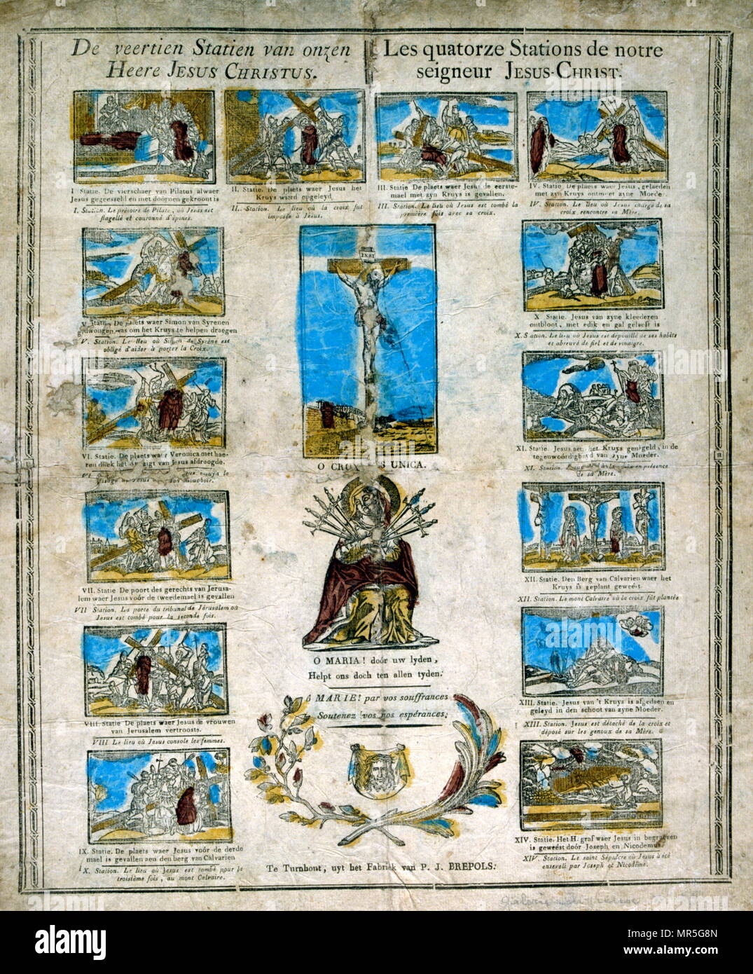 Französisch Niederländisch aus dem 19. Jahrhundert, Illustration, die die vierzehn Stationen des Kreuzes und den gekreuzigten Christus. Holzschnitt um 1830 Stockfoto