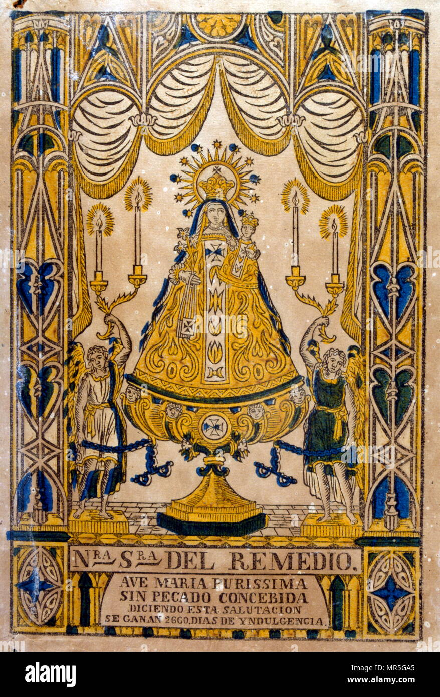 Spanisch aus dem 19. Jahrhundert, Illustration, zeigt die Jungfrau Maria mit Jesus auf dem Thron. Holzschnitt ca. 1850 Stockfoto