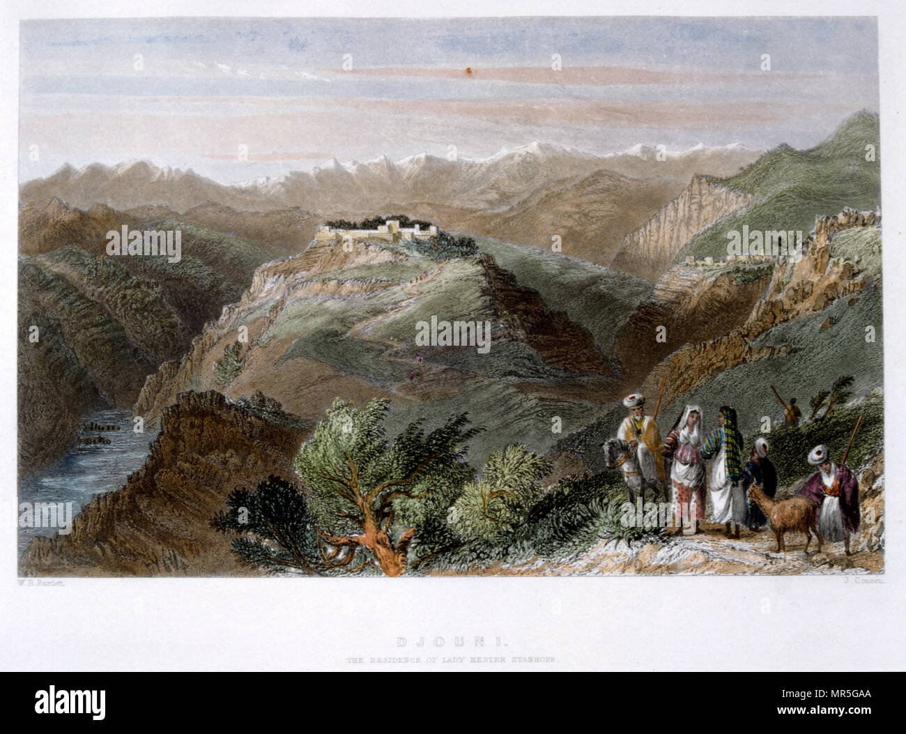 Aquarell, Joun; Ca. 1834 von William Henry Bartlett, (1809 - 1854);. Braun Tinte und Waschen und Bartlett besucht Lady Hester Stanhope, an ihrem Wohnort in Joun im Libanon im Jahr 1834. Lucy Lady Hester Stanhope (1776 - 1839), war eine britische socialite, Abenteurer und Reisender. Stockfoto