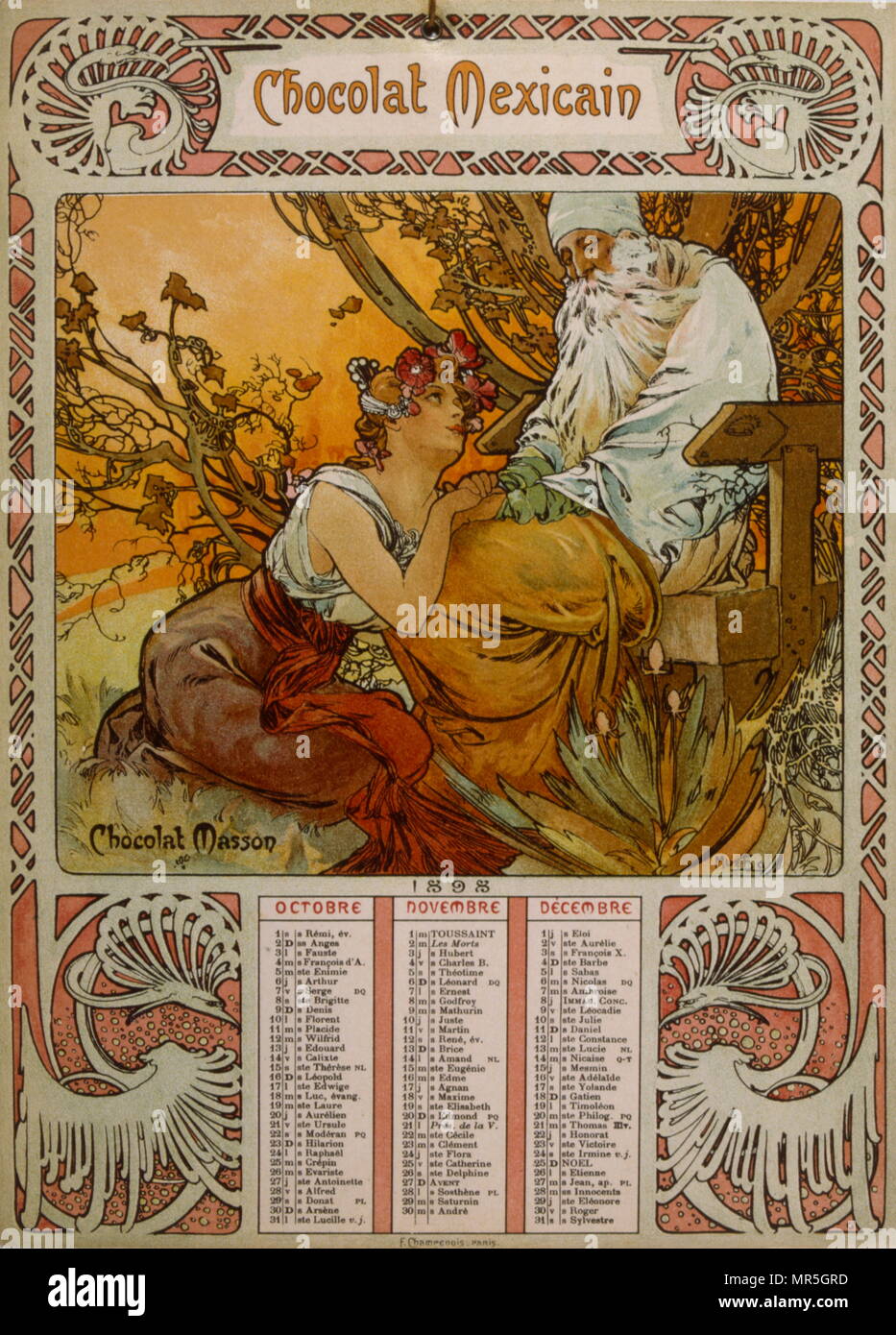 Schokolade Masson Kalender illustriert von Mucha (1860 - 1939); eine der tschechischen Jugendstil Maler Stockfoto