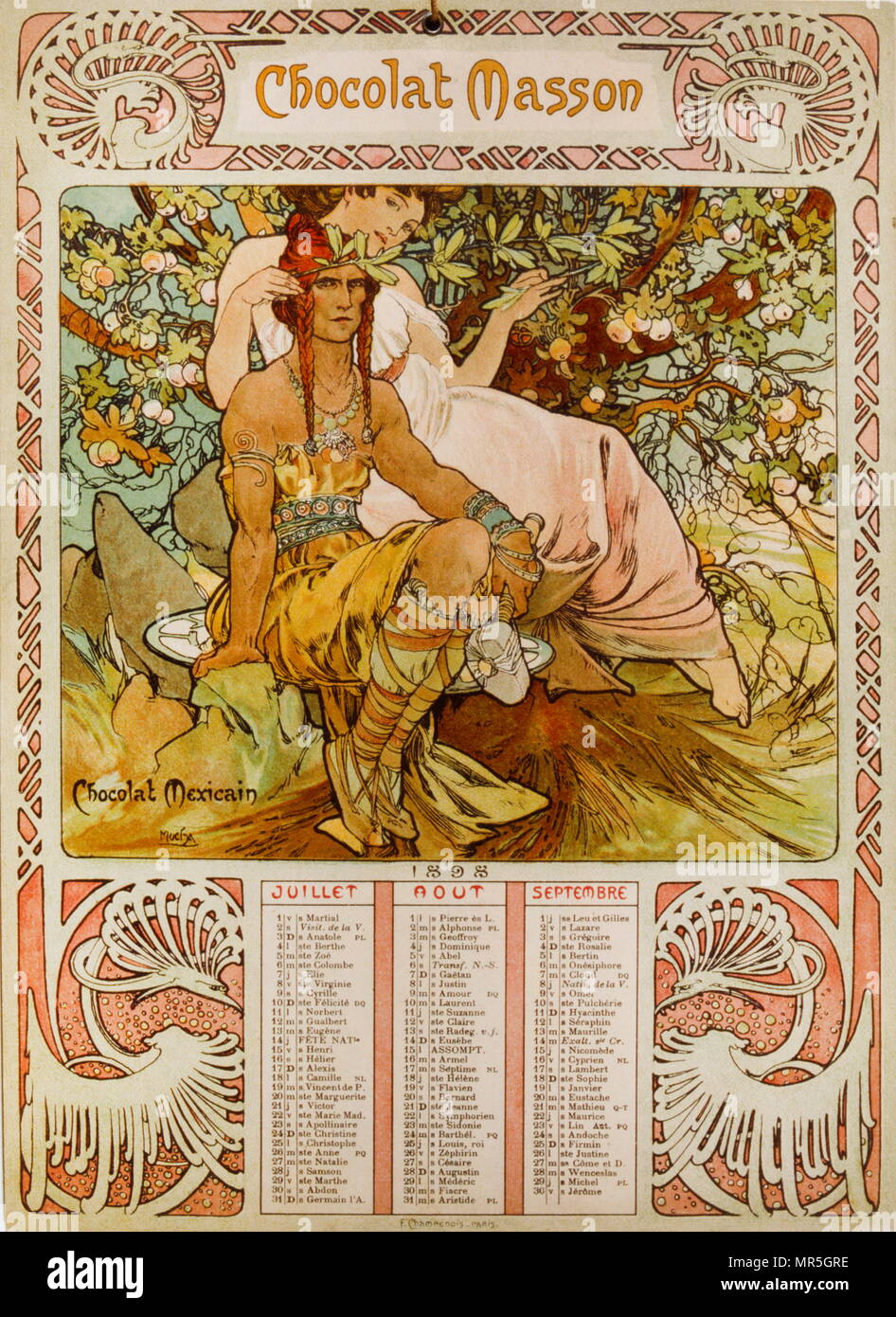 Schokolade Masson Kalender illustriert von Mucha (1860 - 1939); eine der tschechischen Jugendstil Maler Stockfoto