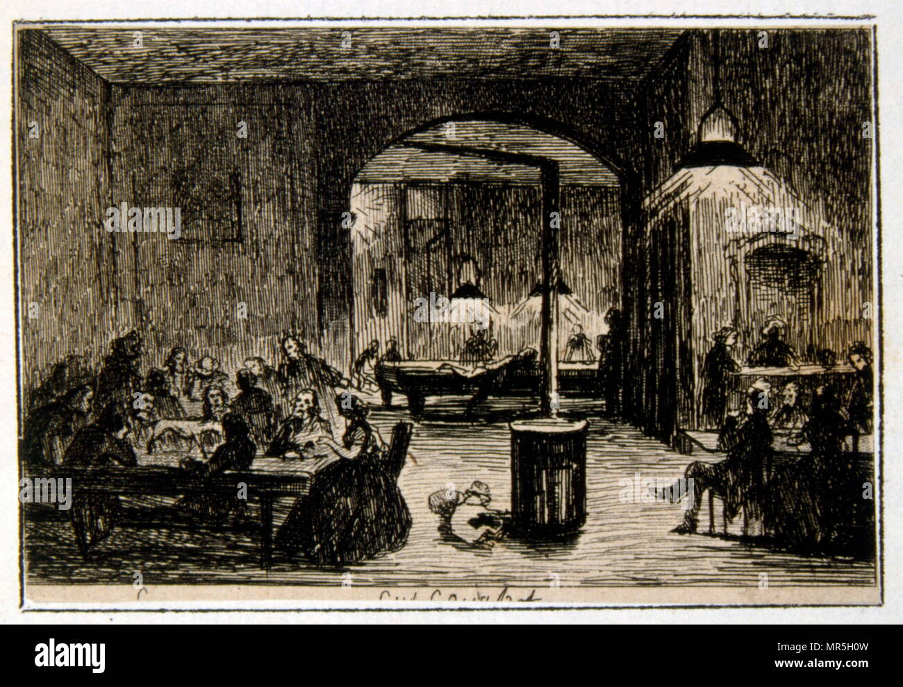 Cartoon aus dem 19. Jahrhundert von einem französischen Restaurant oder Café mit vielen Kunden sprechen und warten auf das Essen. 1860 Stockfoto