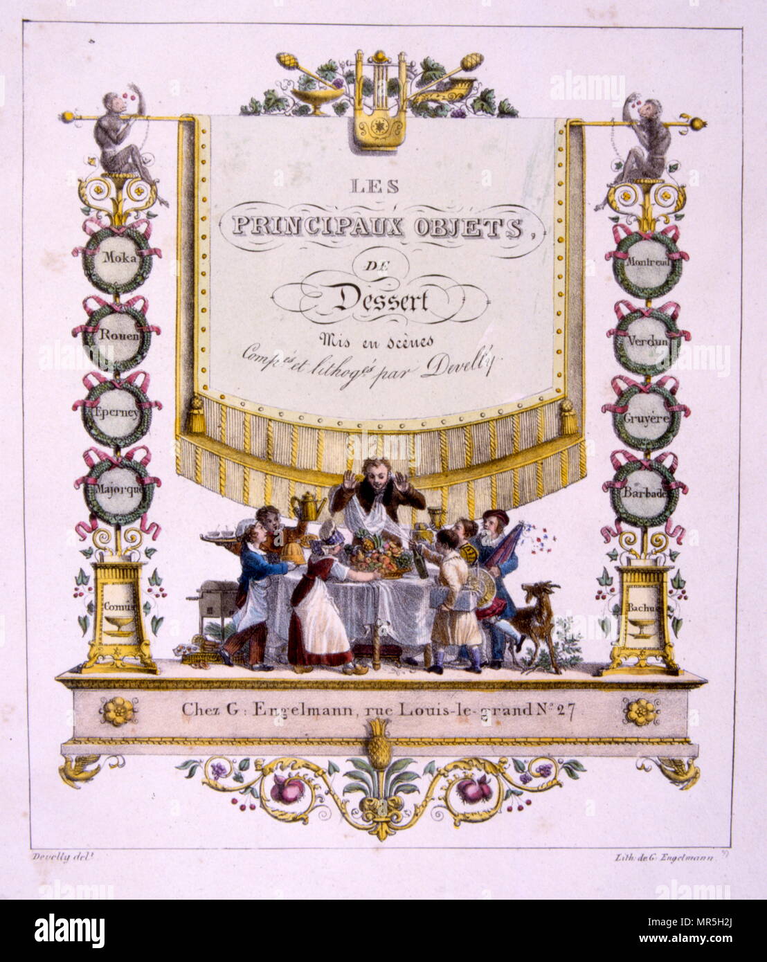 Abbildung für die Titelseite eines französischen Buch über Desserts; 1829, von Jean-Charles Develly (1783 - 1862); französischer Illustrator und Künstler. Ein Vater beruhigt seine laute Kinder, wie sie an einem Tisch mit Desserts set ankommen Stockfoto