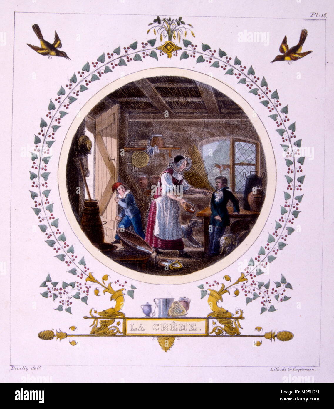 Abbildung: 'Cream' 1829, von Jean-Charles Develly (1783 - 1862); französischer Illustrator und Künstler. Ein naughty boy ist Verbrühungen durch eine Frau für das Diebstahl Creme aus Ihrer Küche Stockfoto