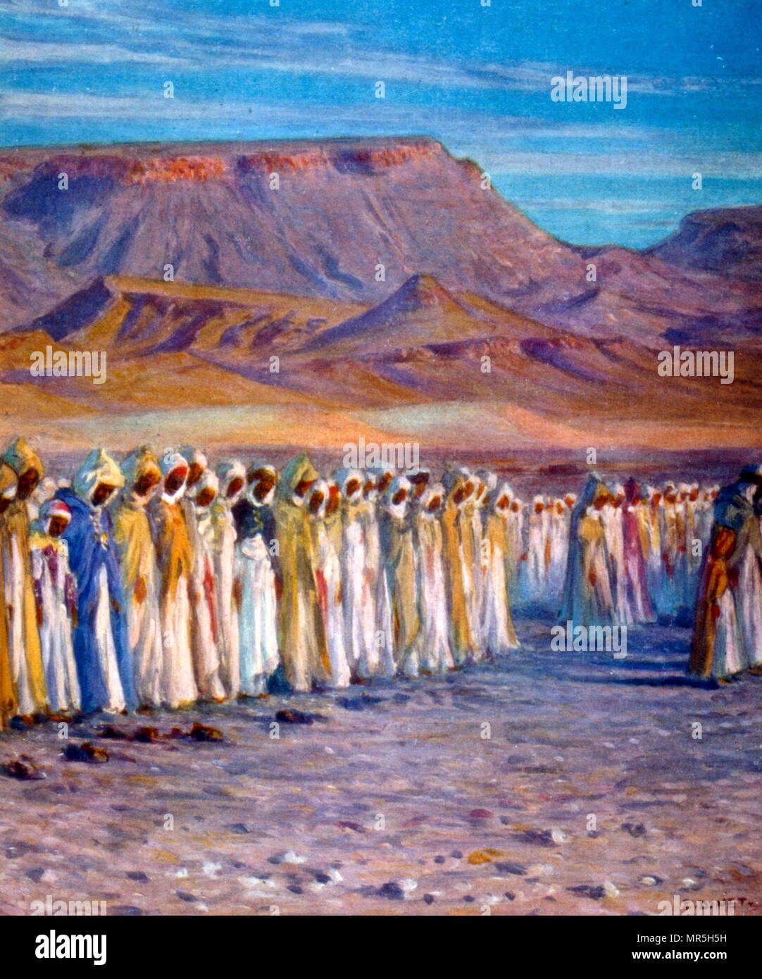 Abbildung: Darstellung von muslimischen Arabischen pilgern unterwegs nach Mekka, von Nasreddine Dinet (Alphonse-Étienne Dinet); 1861 - 1929, französischer Orientalist Maler; 1918. Mekka ist die heiligste Stätte des Islam. Es wird von den Muslimen als das bayt Allāh, das "Haus Gottes" zu sein. Muslime werden erwartet, um die Kaaba bei Salat (Gebet). Eine der fünf Säulen des Islam muss jeder Muslim, der in der Lage ist, so zu tun, der Hadsch Wallfahrt mindestens einmal in ihrem Leben durchführen. Stockfoto