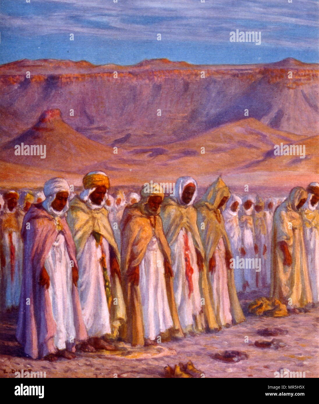 Abbildung: Darstellung von muslimischen Arabischen pilgern unterwegs nach Mekka, von Nasreddine Dinet (Alphonse-Étienne Dinet); 1861 - 1929, französischer Orientalist Maler; 1918. Mekka ist die heiligste Stätte des Islam. Es wird von den Muslimen als das bayt Allāh, das "Haus Gottes" zu sein. Muslime werden erwartet, um die Kaaba bei Salat (Gebet). Eine der fünf Säulen des Islam muss jeder Muslim, der in der Lage ist, so zu tun, der Hadsch Wallfahrt mindestens einmal in ihrem Leben durchführen. Stockfoto