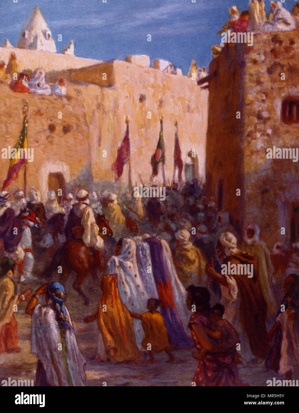 Abbildung: Darstellung von muslimischen Arabischen Krieger Verlassen einer Stadt auf jihad oder Heiligen Krieg zu begeben. Durch Nasreddine Dinet (Alphonse-Étienne Dinet); 1861 - 1929, französischer Orientalist Maler; 1918. Stockfoto