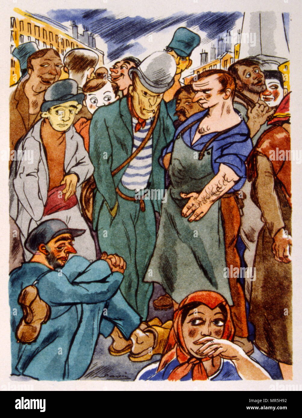 Französische Winzer in einem Marktplatz, 1944, Illustration von Julien Pavil, (1895-1952), französischer 20. Jahrhundert Illustrator, Humorist und Poster Artist. Er illustrierte mehrere Bücher zwischen 1929 und 1945. Stockfoto
