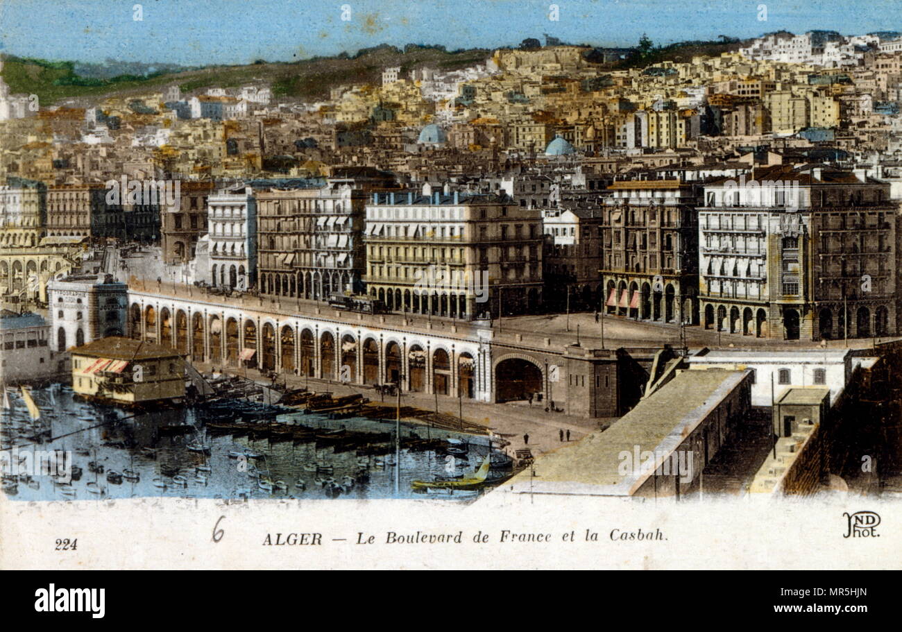 Postkarte mit dem Boulevard de France Gegend von Algier im kolonialen Algerien 1914 Stockfoto