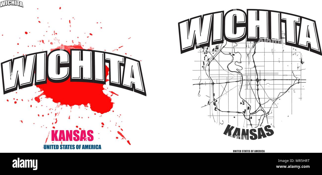 Wichita, Kansas, Logo Design. Zwei in einem Vektor Kunst Großes Logo mit Vintage Briefe mit schönen farbigen Hintergrund und eine - Farbe - Version mit Karte für Ev Stock Vektor