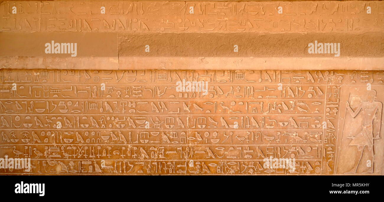 Hieroglyphen an der Wand im Grab der Idu in der Nekropole von Gizeh, Kairo, Ägypten. G 7102 oder die Idu Mastaba, liegt östlich von Königin Hetepheres Pyramide in der Großen Pyramide komplex. Er war ein Beamter der sechsten Dynastie, wahrscheinlich während der Herrschaft von Pepi I. Er ist der Titel Griffel der Königlichen Dokumente' statt, Pepi ich Meryre (2332-2287 v. Chr.), als der dritte König der sechsten Dynastie regierte Stockfoto